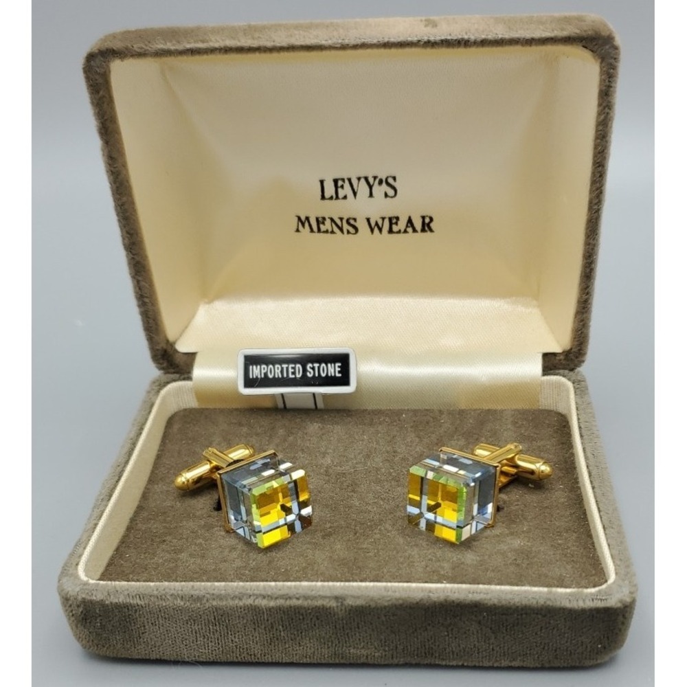 Vtg Cubic Prism Crystal Quartz Goldtone Cufflinks Levy's Mens Wear‎ Original Box